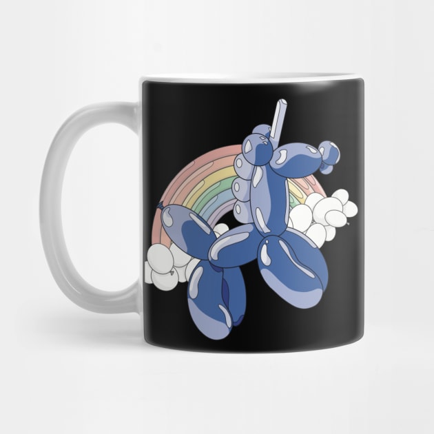 A light and dark blue unicorn balloon with a ballon rainbow and balloon clouds behind it. by Fruit Tee